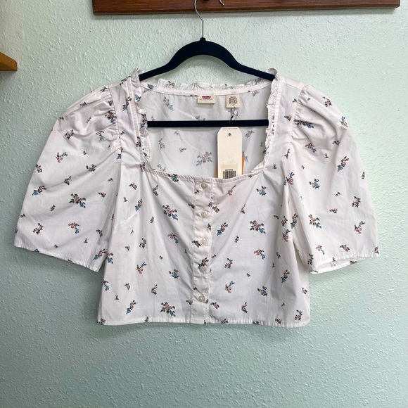 NWT Levi’s white floral cropped button-up blouse size large - Picture 1 of 4